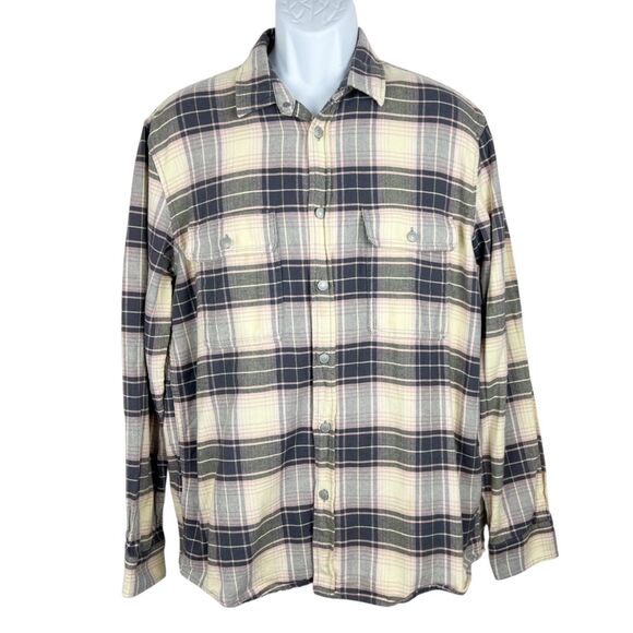 Zara Button Up Flannel Shirt Men Large Cream Pink Grey Plaid Long Sleeve Relaxed - Picture 1 of 14